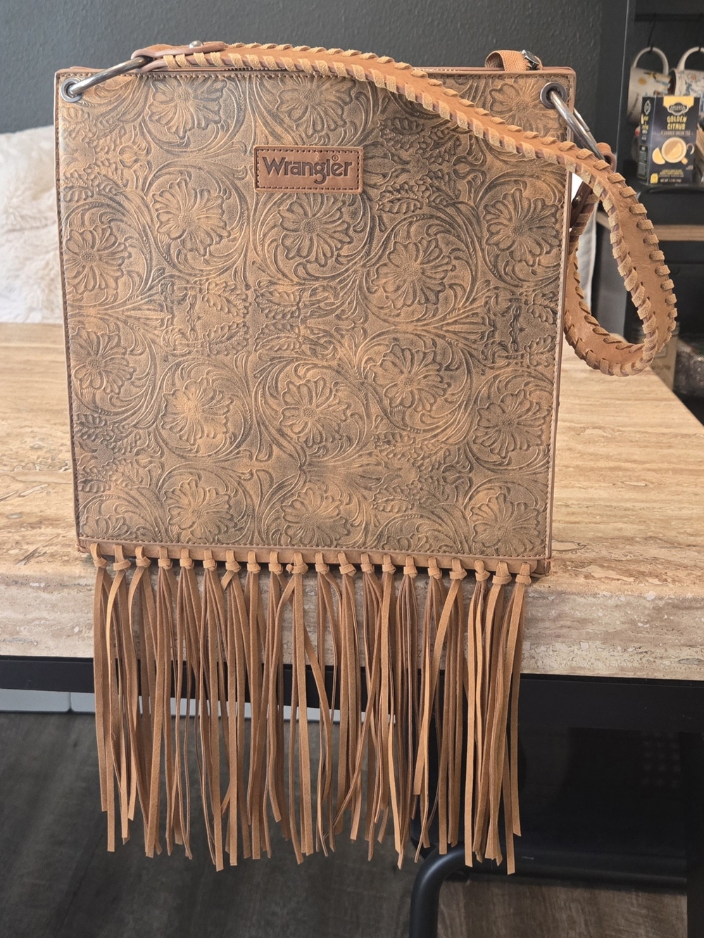 Wrangler NEW Brown Tooled Floral Fringe Crossbody
